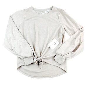 Skonhet Tan Henley Top Size Medium, Pearl Sleeve Accents, NWT